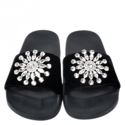 Givenchy Black Velvet Crystal Embellished Pool Slide Sandals Size 36