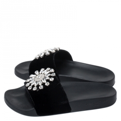Givenchy Black Velvet Crystal Embellished Pool Slide Sandals Size 36