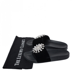 Givenchy Black Velvet Crystal Embellished Pool Slide Sandals Size 36