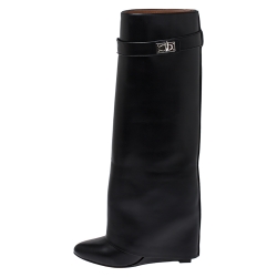 مملوكة مسبقًا حذاء بوت ركبه جيفنشي شارك لوك كعب روكي جلد أسود مقاس 39.5