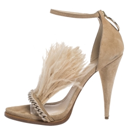 Givenchy Beige Suede Ostrich Feather And Chain Embellished Urania Sandals Size 39.5