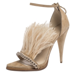 Givenchy Beige Suede Ostrich Feather And Chain Embellished Urania Sandals Size 39.5