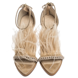 Givenchy Beige Suede Ostrich Feather And Chain Embellished Urania Sandals Size 39.5