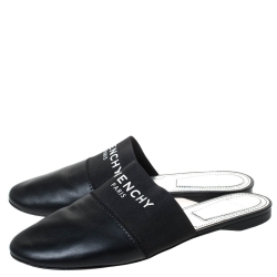 Pre Owned Givenchy Black Leather And Elastic Logo Flat Mules Size 38