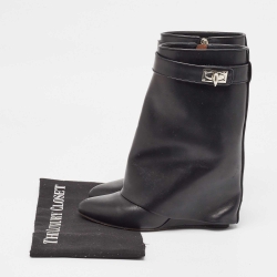 Pre Owned Givenchy Black Leather Shark Lock Wedge Ankle Boots Size 38