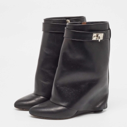 Pre Owned Givenchy Black Leather Shark Lock Wedge Ankle Boots Size 38