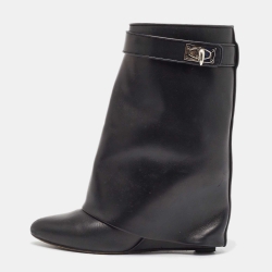 Pre Owned Givenchy Black Leather Shark Lock Wedge Ankle Boots Size 38