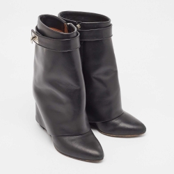 Pre Owned Givenchy Black Leather Shark Lock Wedge Ankle Boots Size 38