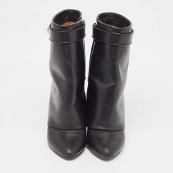 Pre Owned Givenchy Black Leather Shark Lock Wedge Ankle Boots Size 38