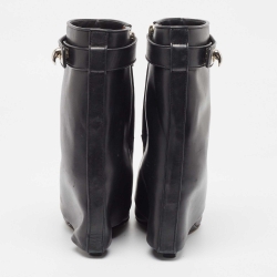 Pre Owned Givenchy Black Leather Shark Lock Wedge Ankle Boots Size 38