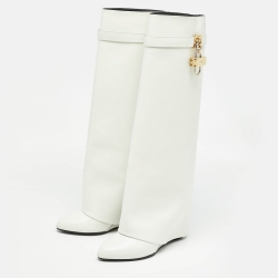 Pre Owned Givenchy White Leather Shark Lock Knee Length Boots Size 40