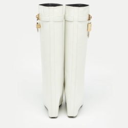 Pre Owned Givenchy White Leather Shark Lock Knee Length Boots Size 40