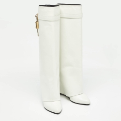 Pre Owned Givenchy White Leather Shark Lock Knee Length Boots Size 40