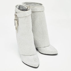 Pre Owned Givenchy Silver Satin Crystal Embellished Shark Lock Ankle Boots Size 40