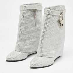 Pre Owned Givenchy Silver Satin Crystal Embellished Shark Lock Ankle Boots Size 40