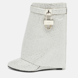 Pre Owned Givenchy Silver Satin Crystal Embellished Shark Lock Ankle Boots Size 40