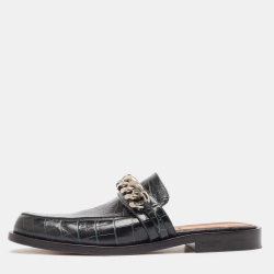 Givenchy Green Croc Embossed  Leather Chain-Link Accents Mules Size 40