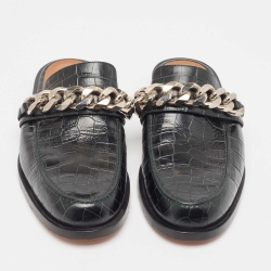 Givenchy Green Croc Embossed  Leather Chain-Link Accents Mules Size 40