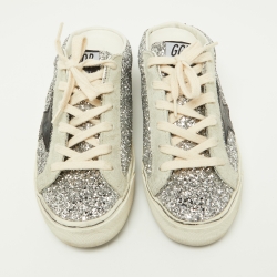 Pre Owned Golden Goose Silver Glitter and Suede Super Star Sabot Mule Sneakers Size 37