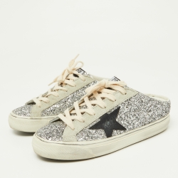 Pre Owned Golden Goose Silver Glitter and Suede Super Star Sabot Mule Sneakers Size 37