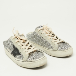 Pre Owned Golden Goose Silver Glitter and Suede Super Star Sabot Mule Sneakers Size 37