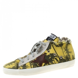 Pre Owned Golden Goose Yellow Palm Print Canvas High Top Lace Up Sneakers Size 39