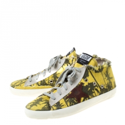 Pre Owned Golden Goose Yellow Palm Print Canvas High Top Lace Up Sneakers Size 39
