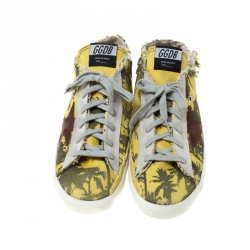 Pre Owned Golden Goose Yellow Palm Print Canvas High Top Lace Up Sneakers Size 39