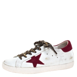 Pre Owned Golden Goose Grey White/Burgundy Leather And Suede Superstar Lace Up Sneakers Size 38