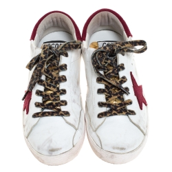 Pre Owned Golden Goose Grey White/Burgundy Leather And Suede Superstar Lace Up Sneakers Size 38
