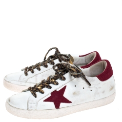 Pre Owned Golden Goose Grey White/Burgundy Leather And Suede Superstar Lace Up Sneakers Size 38