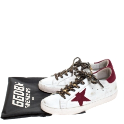 Pre Owned Golden Goose Grey White/Burgundy Leather And Suede Superstar Lace Up Sneakers Size 38