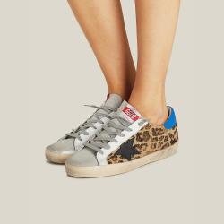 Golden Goose Deluxe Brand Animal Superstar Leopard Print Blue Tab Leather Sneakers Size IT 35