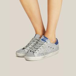 Golden Goose Deluxe Brand Metallic Superstar Silver Glitter Navy Tab Leather Sneakers Size IT 35