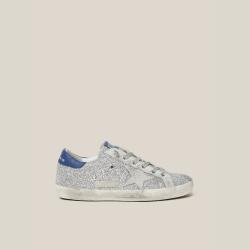 Golden Goose Deluxe Brand Metallic Superstar Silver Glitter Navy Tab Leather Sneakers Size IT 35