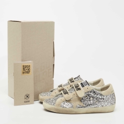 Pre Owned Golden Goose Grey/Silver Glitter and Suede Hi Star Sneakers Size 38