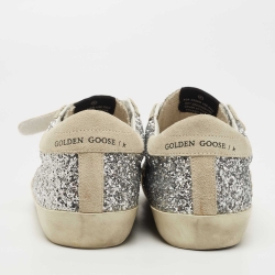 Pre Owned Golden Goose Grey/Silver Glitter and Suede Hi Star Sneakers Size 38