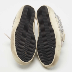 Pre Owned Golden Goose Grey/Silver Glitter and Suede Hi Star Sneakers Size 38