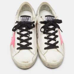 Pre Owned Golden Goose Tri Color Leather,Canvas and Glitter Superstar Low Top Sneakers Size 37