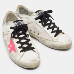Pre Owned Golden Goose Tri Color Leather,Canvas and Glitter Superstar Low Top Sneakers Size 37