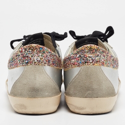Pre Owned Golden Goose Sliver Leather and Glitter Superstar Sneakers Size 38