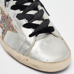 Pre Owned Golden Goose Sliver Leather and Glitter Superstar Sneakers Size 38