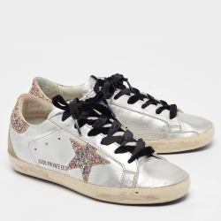 Pre Owned Golden Goose Sliver Leather and Glitter Superstar Sneakers Size 38