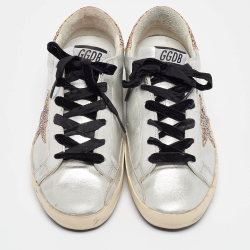Pre Owned Golden Goose Sliver Leather and Glitter Superstar Sneakers Size 38