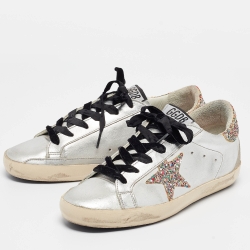 Pre Owned Golden Goose Sliver Leather and Glitter Superstar Sneakers Size 38