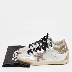 Pre Owned Golden Goose Sliver Leather and Glitter Superstar Sneakers Size 38