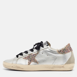 Pre Owned Golden Goose Sliver Leather and Glitter Superstar Sneakers Size 38