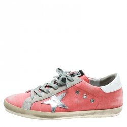 Pre Owned Golden Goose Pink Denim And Metallic Silver Star Applique Low Top Sneakers Size 41