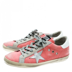 Pre Owned Golden Goose Pink Denim And Metallic Silver Star Applique Low Top Sneakers Size 41