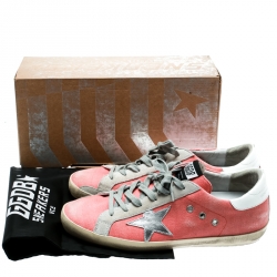 Pre Owned Golden Goose Pink Denim And Metallic Silver Star Applique Low Top Sneakers Size 41